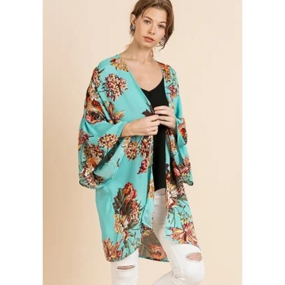 Umgee Floral Bell Sleeve Kimono Cardigan Jacket – Size L/XL